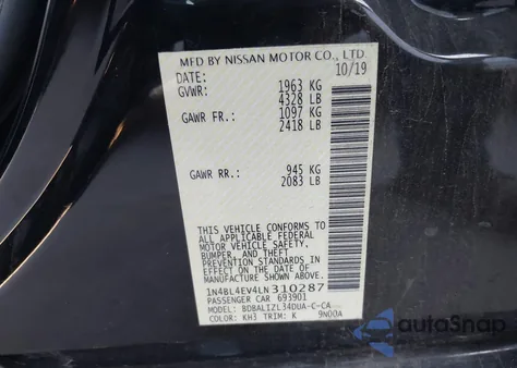 2020 Nissan Altima Sl Fwd z USA, uszkodzony, nr VIN 1N4BL4EV4LN310287